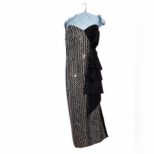 Vintage Strapless Sequin Dress Black Silver Cocktail w/ Bow Statement small